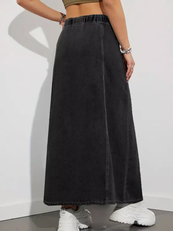 Drawstring Waist Denim Maxi Skirt For Women - Casual A-Line Flare Long Skirt With Pockets - Spring Holiday 2026