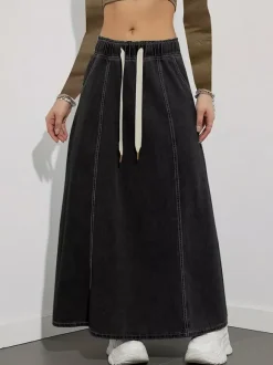 Drawstring Waist Denim Maxi Skirt For Women - Casual A-Line Flare Long Skirt With Pockets - Spring Holiday 2026