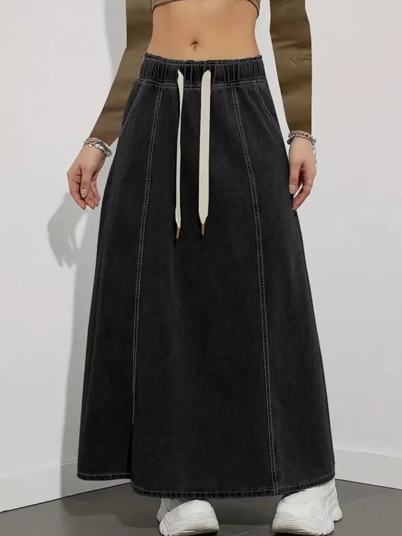 Drawstring Waist Denim Maxi Skirt For Women - Casual A-Line Flare Long Skirt With Pockets - Spring Holiday 2026