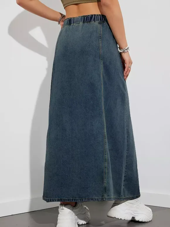 Drawstring Waist Denim Maxi Skirt For Women - Casual A-Line Flare Long Skirt With Pockets - Spring Holiday 2026