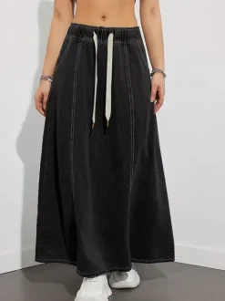 Drawstring Waist Denim Maxi Skirt For Women - Casual A-Line Flare Long Skirt With Pockets - Spring Holiday 2026