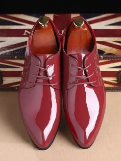 Dress Shoes For Men Lace Up Pointed Toe PU Leather Derby Shoes Block Heel Resistant Low Top Formal Shoes