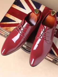 Dress Shoes For Men Lace Up Pointed Toe PU Leather Derby Shoes Block Heel Resistant Low Top Formal Shoes