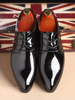 Dress Shoes For Men Lace Up Pointed Toe PU Leather Derby Shoes Block Heel Resistant Low Top Formal Shoes