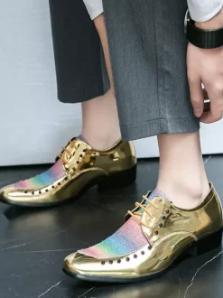 Dress Shoes For Men Patchwork SRound Toe Studs Decoration Derbies Shoes Low Top Non Slip Prom Shoes