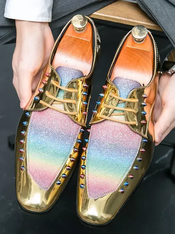 Dress Shoes For Men Patchwork SRound Toe Studs Decoration Derbies Shoes Low Top Non Slip Prom Shoes