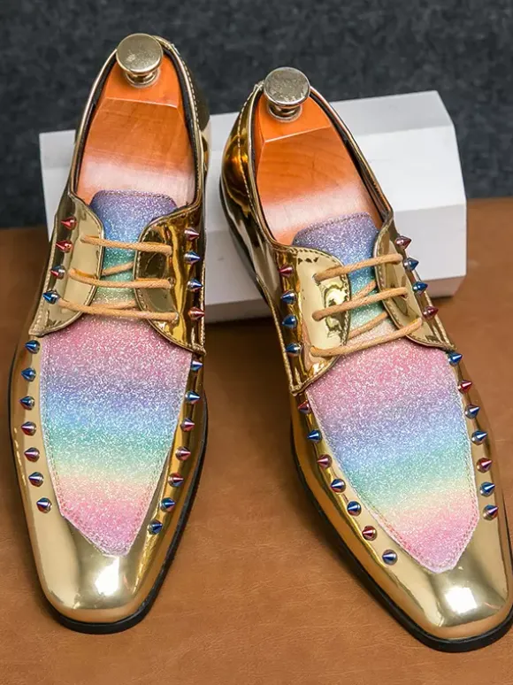 Dress Shoes For Men Patchwork SRound Toe Studs Decoration Derbies Shoes Low Top Non Slip Prom Shoes