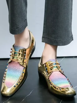 Dress Shoes For Men Patchwork SRound Toe Studs Decoration Derbies Shoes Low Top Non Slip Prom Shoes