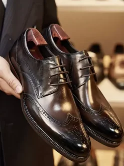 Dress Shoes For Men Square Toe Cowhide Brogue Formal Wedding Shoes