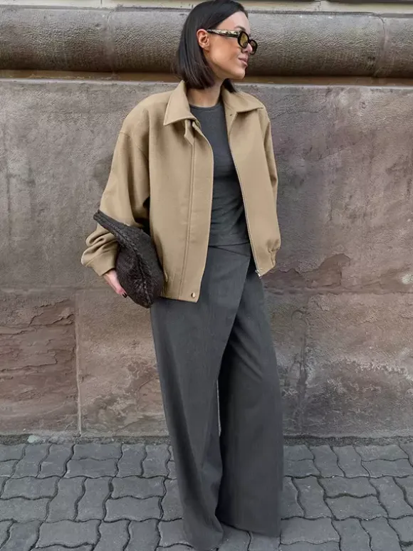 Dropped Shoulder Women's Bomber Jacket - Harrington Minimalist Zip Up Outerwear With Throat Latch - Casual Spring Outfits 2026
