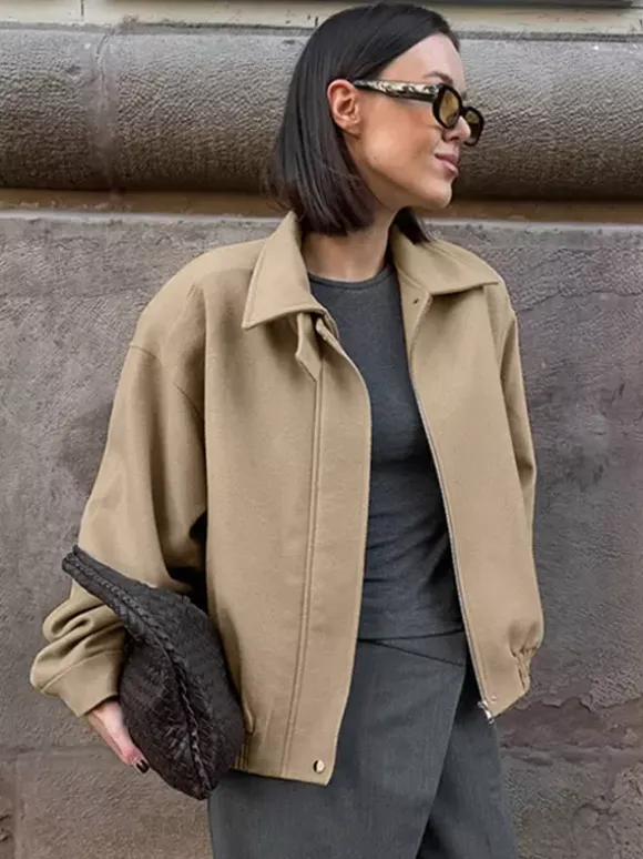 Dropped Shoulder Women's Bomber Jacket - Harrington Minimalist Zip Up Outerwear With Throat Latch - Casual Spring Outfits 2026