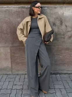 Dropped Shoulder Women's Bomber Jacket - Harrington Minimalist Zip Up Outerwear With Throat Latch - Casual Spring Outfits 2026