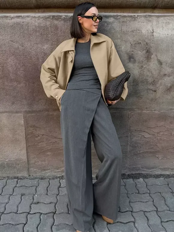 Dropped Shoulder Women's Bomber Jacket - Harrington Minimalist Zip Up Outerwear With Throat Latch - Casual Spring Outfits 2026