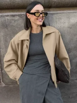 Dropped Shoulder Women's Bomber Jacket - Harrington Minimalist Zip Up Outerwear With Throat Latch - Casual Spring Outfits 2026