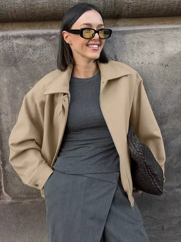 Dropped Shoulder Women's Bomber Jacket - Harrington Minimalist Zip Up Outerwear With Throat Latch - Casual Spring Outfits 2026