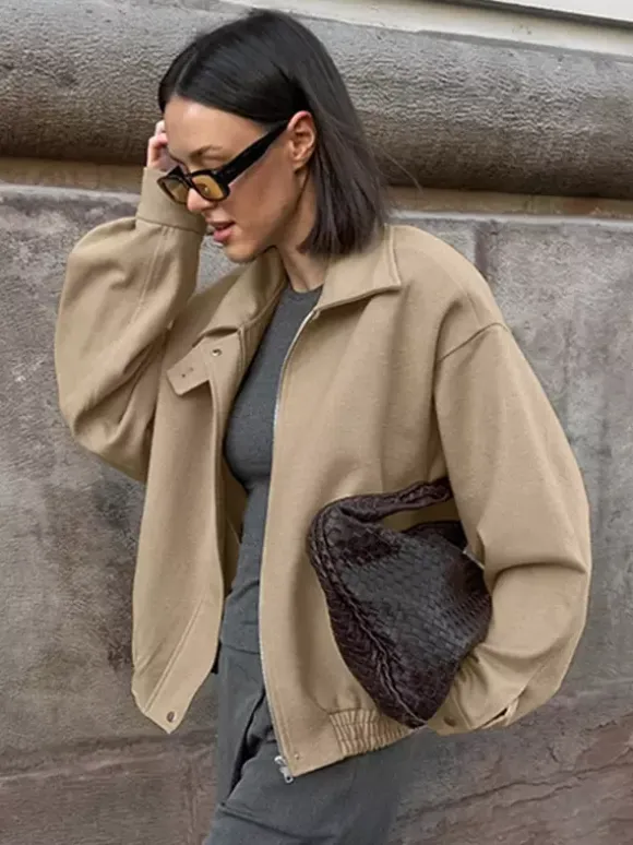 Dropped Shoulder Women's Bomber Jacket - Harrington Minimalist Zip Up Outerwear With Throat Latch - Casual Spring Outfits 2026
