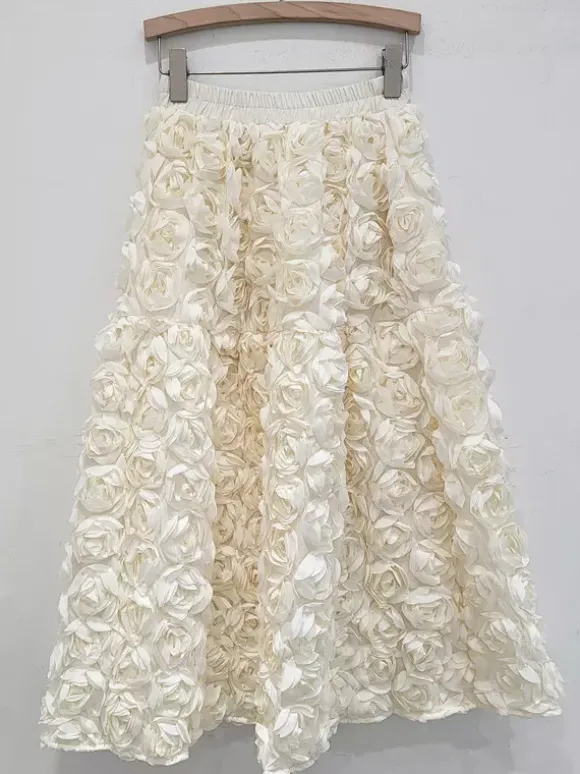 3D Rose Long Skirt Solid Color Birthday Party A-line Skirt For Women 2026