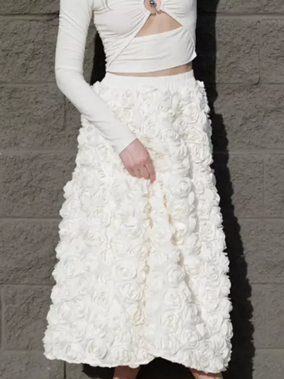3D Rose Long Skirt Solid Color Birthday Party A-line Skirt For Women 2026