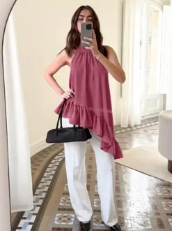 Dusty Pink Gathered Halter Tank Top Irregular Uneven Ruffle Hem Flowy Summer Blouse