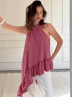 Dusty Pink Gathered Halter Tank Top Irregular Uneven Ruffle Hem Flowy Summer Blouse