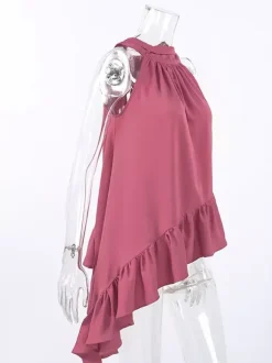 Dusty Pink Gathered Halter Tank Top Irregular Uneven Ruffle Hem Flowy Summer Blouse