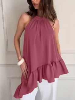 Dusty Pink Gathered Halter Tank Top Irregular Uneven Ruffle Hem Flowy Summer Blouse