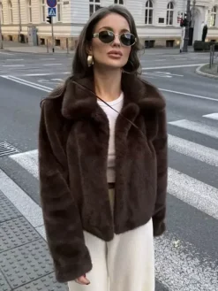 Eco-friendly Faux Fur Jacket With Classic Lapel For Women 2026