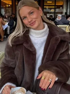 Eco-friendly Faux Fur Jacket With Classic Lapel For Women 2026