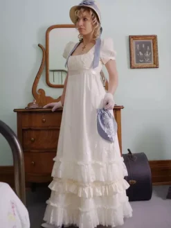 Ecru White Retro Tudor Dress Costumes Lace Polyester Dress Marie Antoinette Empire Waist Dress Costume Women Vintage Shift Party Prom Dress