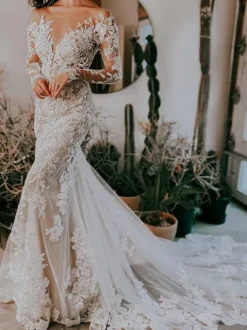 Ecru White Mermaid Wedding Dress Illusion Neckline Long Sleeves Backless Lace With Train Bridal Dress Free Customization