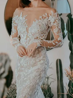 Ecru White Mermaid Wedding Dress Illusion Neckline Long Sleeves Backless Lace With Train Bridal Dress Free Customization