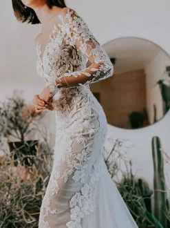 Ecru White Mermaid Wedding Dress Illusion Neckline Long Sleeves Backless Lace With Train Bridal Dress Free Customization