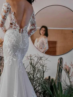 Ecru White Mermaid Wedding Dress Illusion Neckline Long Sleeves Backless Lace With Train Bridal Dress Free Customization