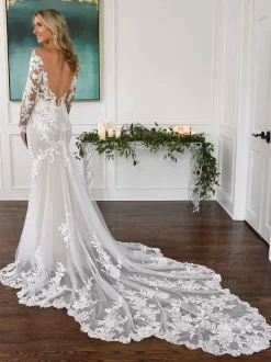 Ecru White Mermaid Wedding Dress Illusion Neckline Long Sleeves Backless Lace With Train Bridal Dress Free Customization