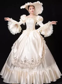 Ecru White Retro Tudor Dress Costumes Women's Marie Antoinette Costume Lace Ruffles Polyester Tunic Dress Hat Vintage 18th Century Costume