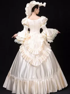 Ecru White Retro Tudor Dress Costumes Women's Marie Antoinette Costume Lace Ruffles Polyester Tunic Dress Hat Vintage 18th Century Costume