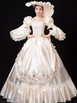 Ecru White Retro Tudor Dress Costumes Women's Marie Antoinette Costume Lace Ruffles Polyester Tunic Dress Hat Vintage 18th Century Costume