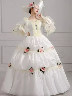 Ecru White Retro Tudor Dress Costumes Flowers Polyester Dress Women's Vintage Tunic Marie Antoinette Costume Vintage Clothing