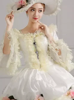 Ecru White Retro Tudor Dress Costumes Flowers Polyester Dress Women's Vintage Tunic Marie Antoinette Costume Vintage Clothing
