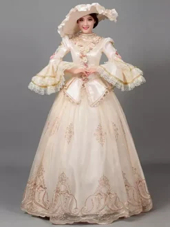 Ecru White Retro Tudor Dress Costumes Women's Floral Print Flowers Ruffles Polyester Marie Antoinette Costume Tunic Hat Dress Vintage Vintage Clothing