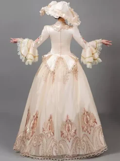 Ecru White Retro Tudor Dress Costumes Women's Floral Print Flowers Ruffles Polyester Marie Antoinette Costume Tunic Hat Dress Vintage Vintage Clothing