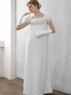 Ecru White Retro Tudor Dress Costumes Lace Polyester Dress Women Vintage Costume Shift Party Prom Dress