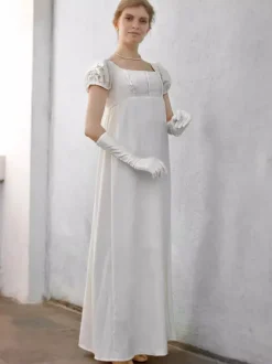 Ecru White Retro Tudor Dress Costumes Lace Polyester Dress Women Vintage Costume Shift Party Prom Dress