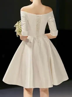 Ecru White Short Wedding Dresses 2026 Off-The-Shoulder Half Sleeves A-Line Satin Fabric Knee Length Bridal Gowns