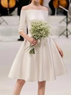 Ecru White Short Wedding Dresses 2026 Off-The-Shoulder Half Sleeves A-Line Satin Fabric Knee Length Bridal Gowns