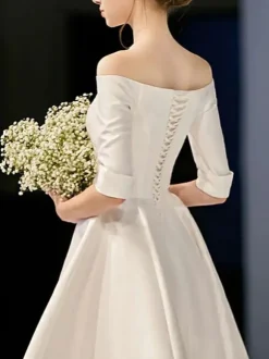 Ecru White Short Wedding Dresses 2026 Off-The-Shoulder Half Sleeves A-Line Satin Fabric Knee Length Bridal Gowns