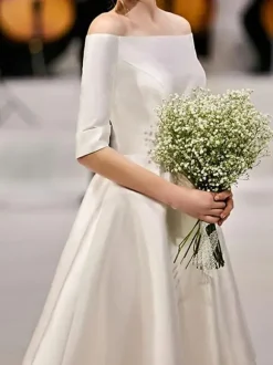 Ecru White Short Wedding Dresses 2026 Off-The-Shoulder Half Sleeves A-Line Satin Fabric Knee Length Bridal Gowns