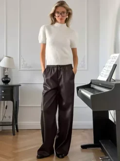 Elastic Drawstring Waist Faux Leather Wide Leg Pants Black Brown Loose Casual Trousers