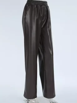 Elastic Drawstring Waist Faux Leather Wide Leg Pants Black Brown Loose Casual Trousers