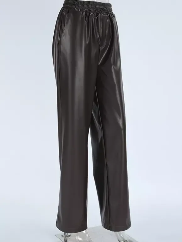 Elastic Drawstring Waist Faux Leather Wide Leg Pants Black Brown Loose Casual Trousers